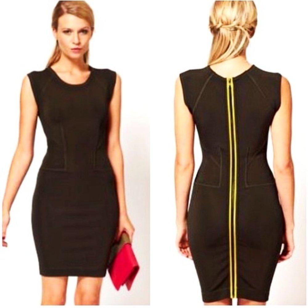 French Connection Women's T-Monique Stretch Cap Sleeve Dress Ebony/Soleil Size 8 - Picture 2 of 13
